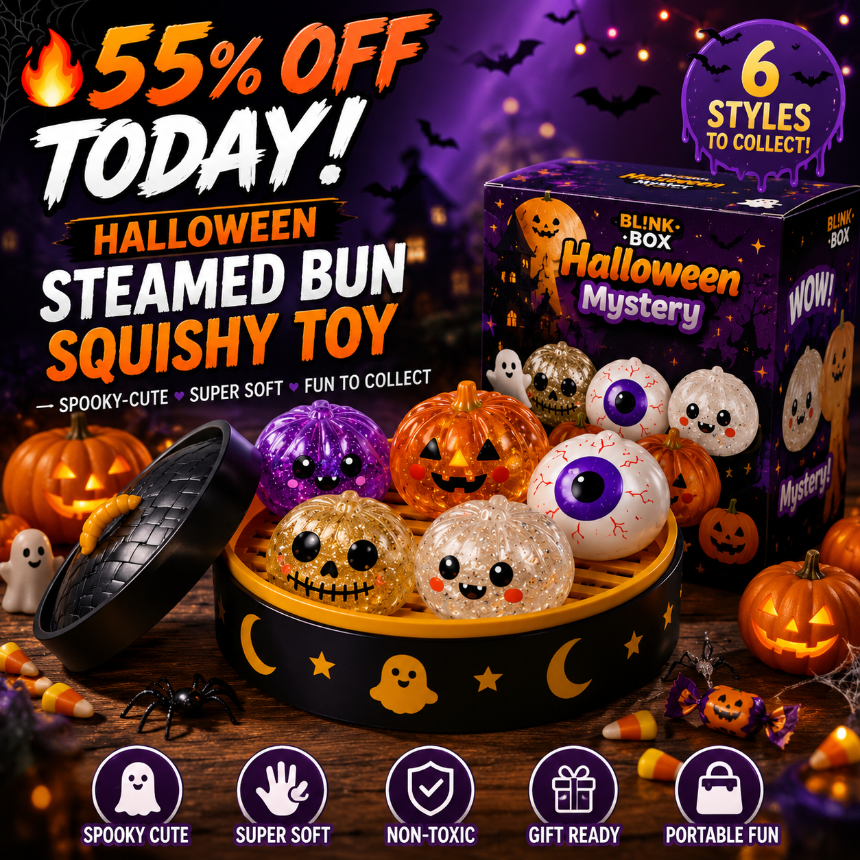 🎃LAST DAY 50% OFF ✨Orodira® Halloween Steamed Bun Squishy Mystery Box Toy