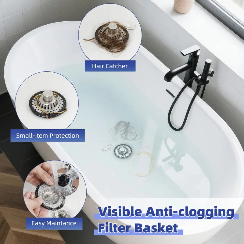 🛁🌟3-in-1 Pop-Up Sink Stopper – Hair Catcher, Drain Protector & Water Stopper | Universal Chrome Fit