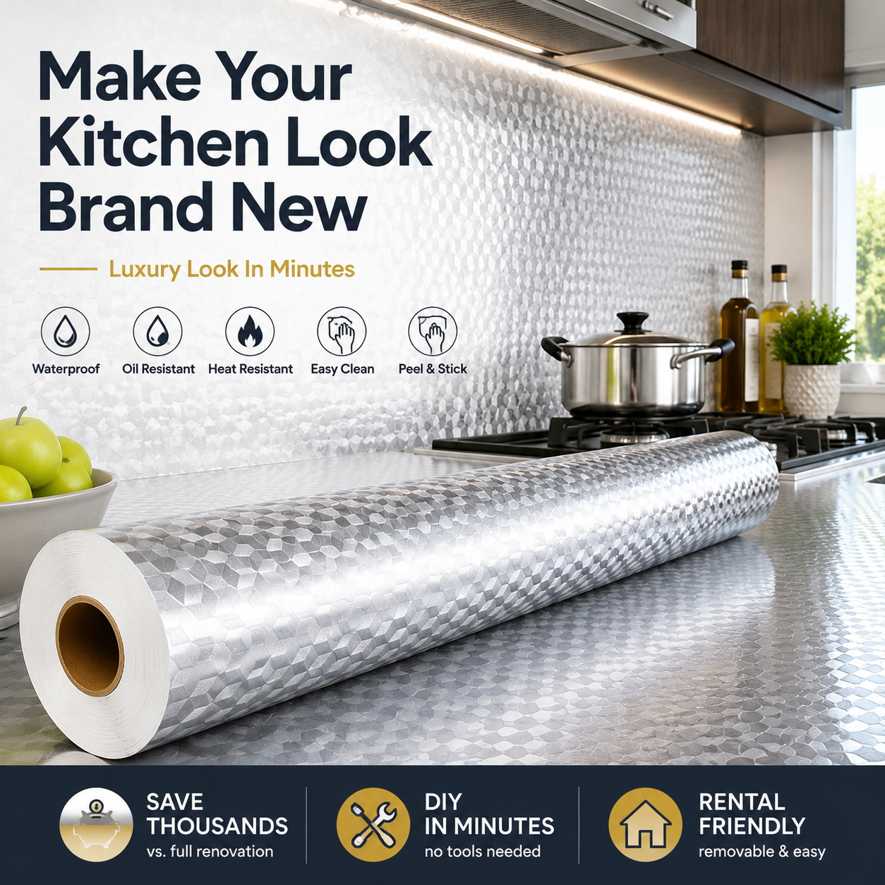 Orodira® Peel & Stick Kitchen Makeover Film – Waterproof DIY Countertop & Cabinet Cover