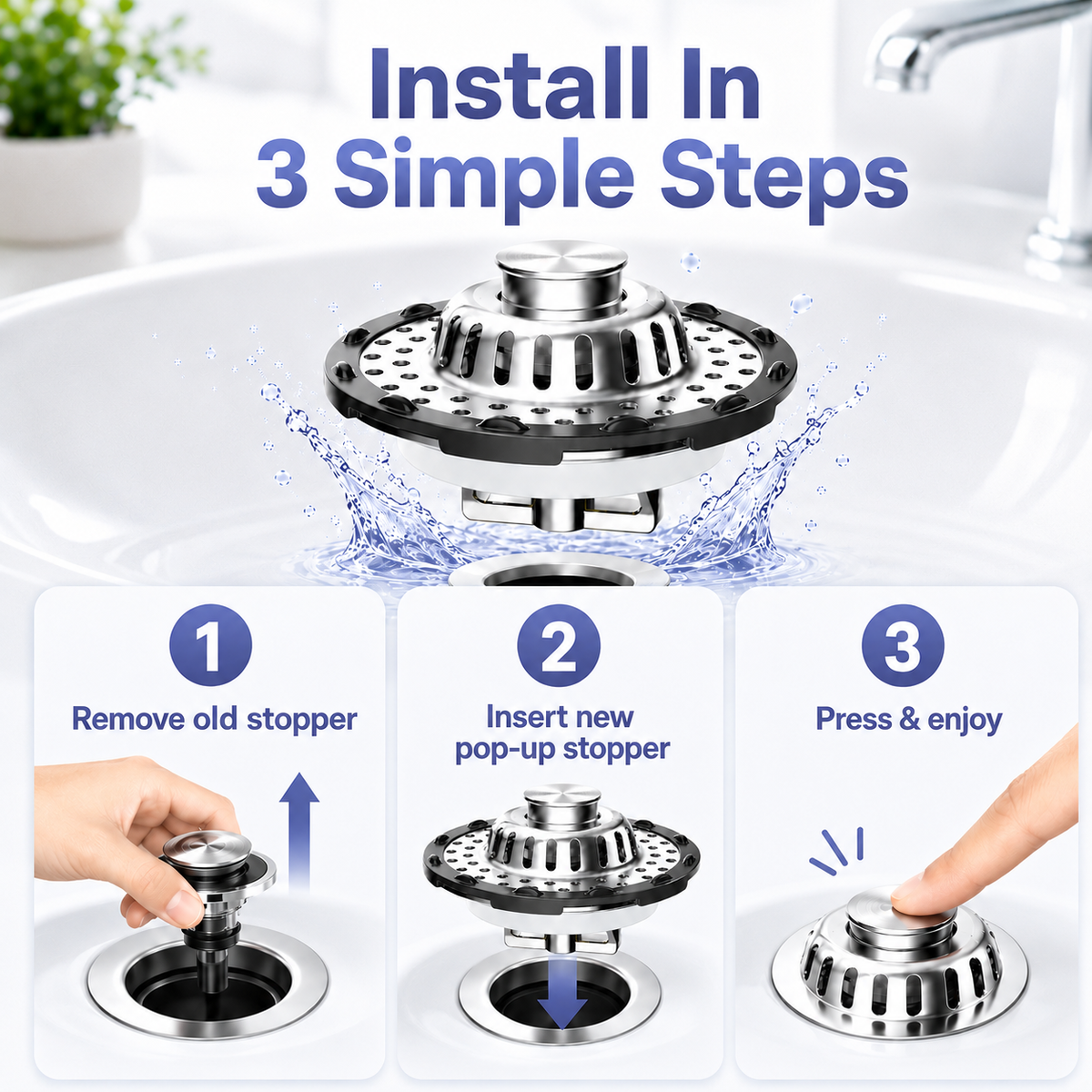 🛁🌟3-in-1 Pop-Up Sink Stopper – Hair Catcher, Drain Protector & Water Stopper | Universal Chrome Fit