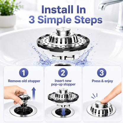 🛁🌟3-in-1 Pop-Up Sink Stopper – Hair Catcher, Drain Protector & Water Stopper | Universal Chrome Fit