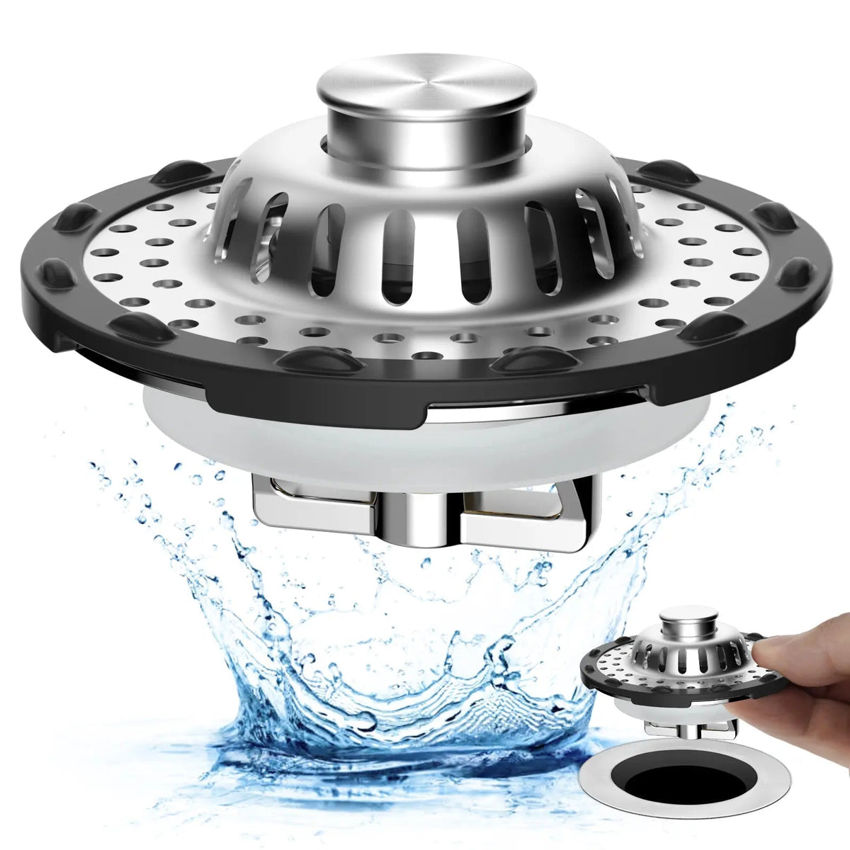 🛁🌟3-in-1 Pop-Up Sink Stopper – Hair Catcher, Drain Protector & Water Stopper | Universal Chrome Fit