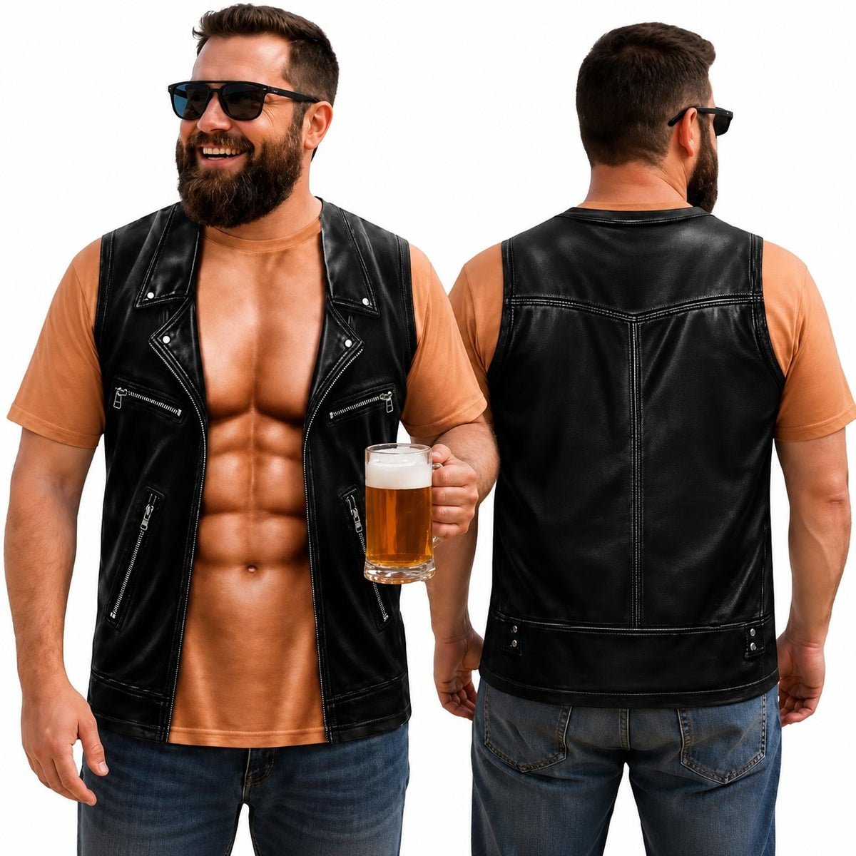 💪🔥 Personalized Six Pack ABS with Biker Vest Men Funny 3D T-Shirt – 😂🤘 Look Like a Biker, Feel Like a Legend!
