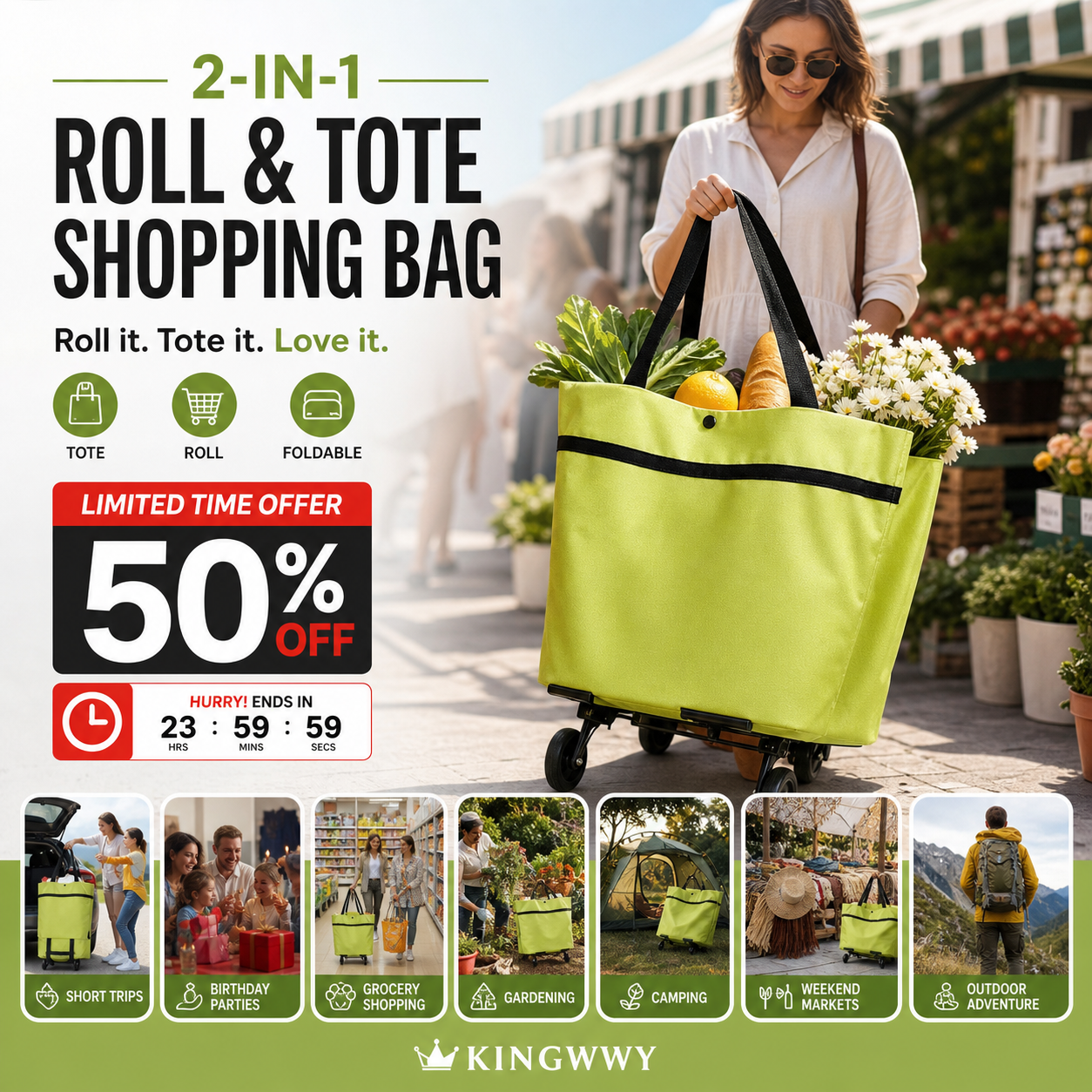 Orodira®🛒 Foldable 2-in-1 Rolling Shopping Bag UPSELL