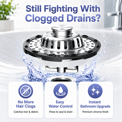🛁🌟3-in-1 Pop-Up Sink Stopper – Hair Catcher, Drain Protector & Water Stopper | Universal Chrome Fit