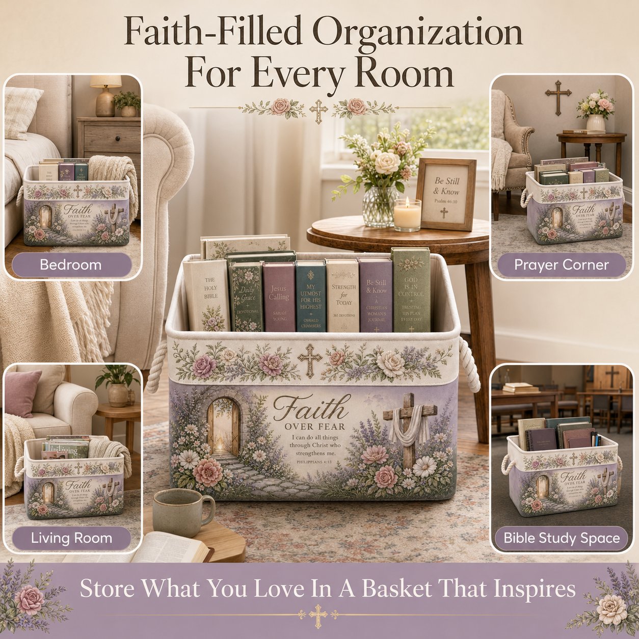 ✝️ Faith-Inspired Foldable Storage Basket – 3 Scripture Designs