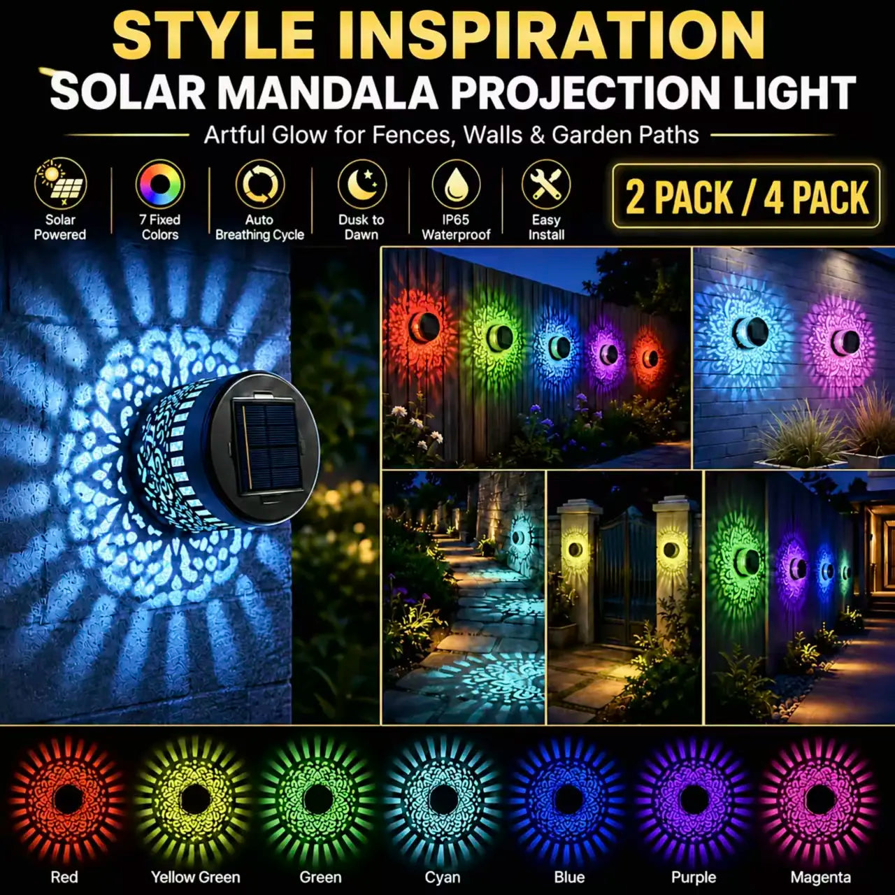 🏡☀️Seven-Color Changing Solar Mandala Projection Wall Light