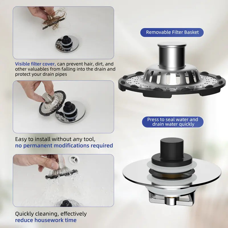 🛁🌟3-in-1 Pop-Up Sink Stopper – Hair Catcher, Drain Protector & Water Stopper | Universal Chrome Fit