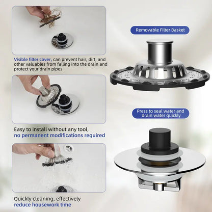 🛁🌟3-in-1 Pop-Up Sink Stopper – Hair Catcher, Drain Protector & Water Stopper | Universal Chrome Fit