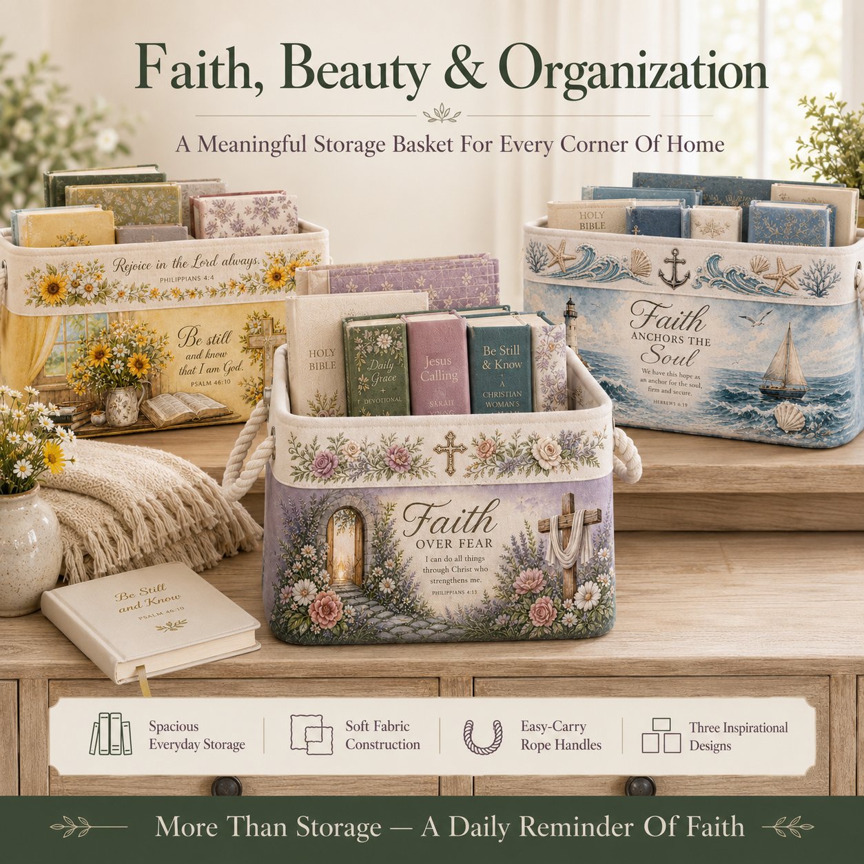 ✝️ Faith-Inspired Foldable Storage Basket – 3 Scripture Designs