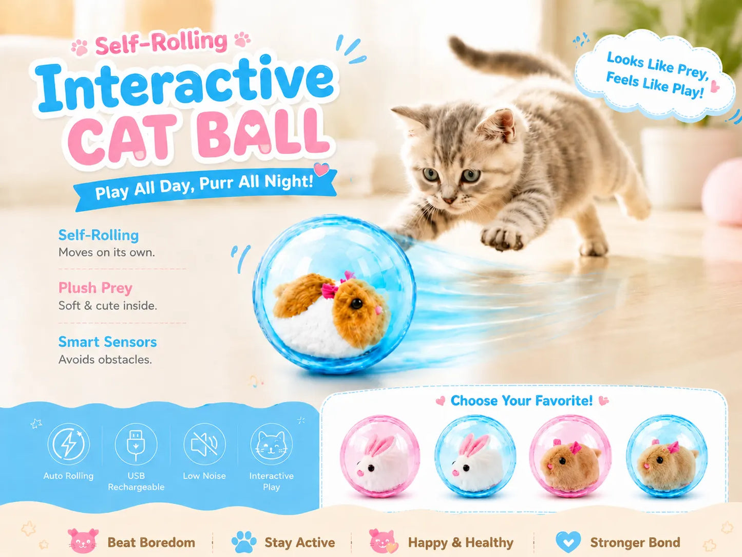 🔥💓LAST DAY 50% OFF ✨Orodira® Self-Rolling Interactive Cat Ball