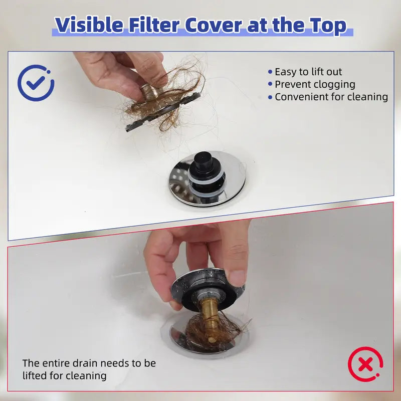 🛁🌟3-in-1 Pop-Up Sink Stopper – Hair Catcher, Drain Protector & Water Stopper | Universal Chrome Fit