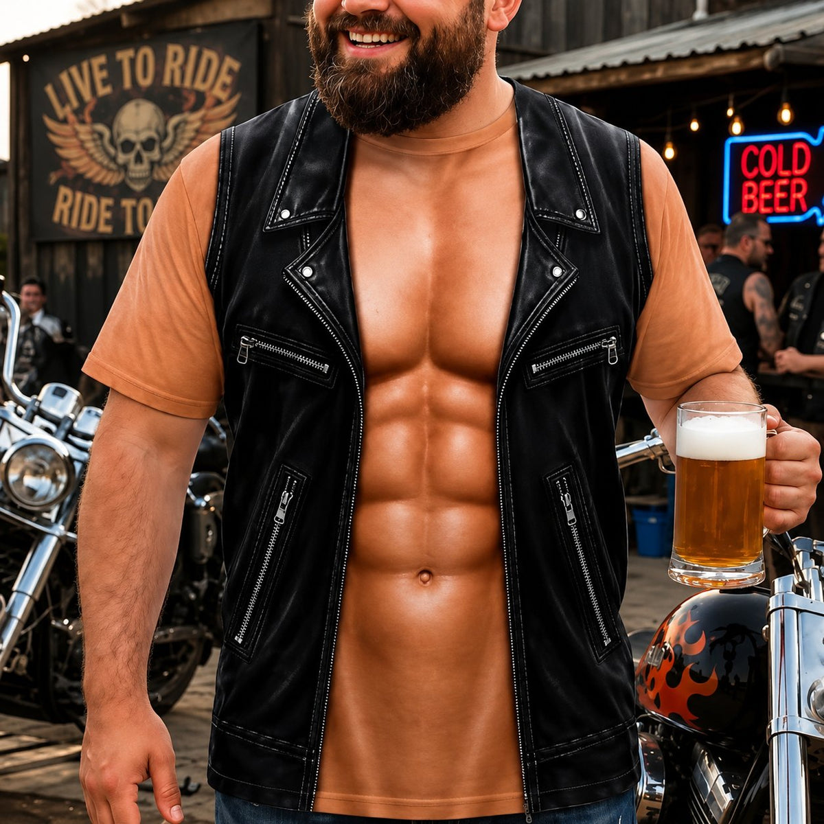 💪🔥 Personalized Six Pack ABS with Biker Vest Men Funny 3D T-Shirt – 😂🤘 Look Like a Biker, Feel Like a Legend!