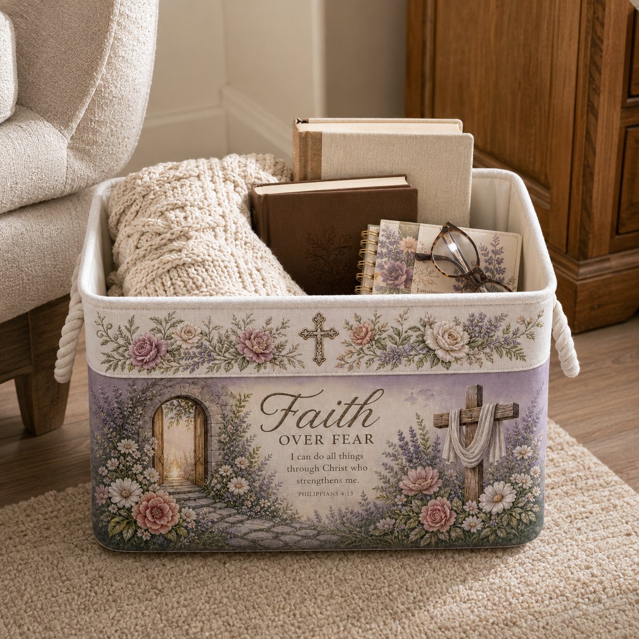 ✝️ Faith-Inspired Foldable Storage Basket – 3 Scripture Designs