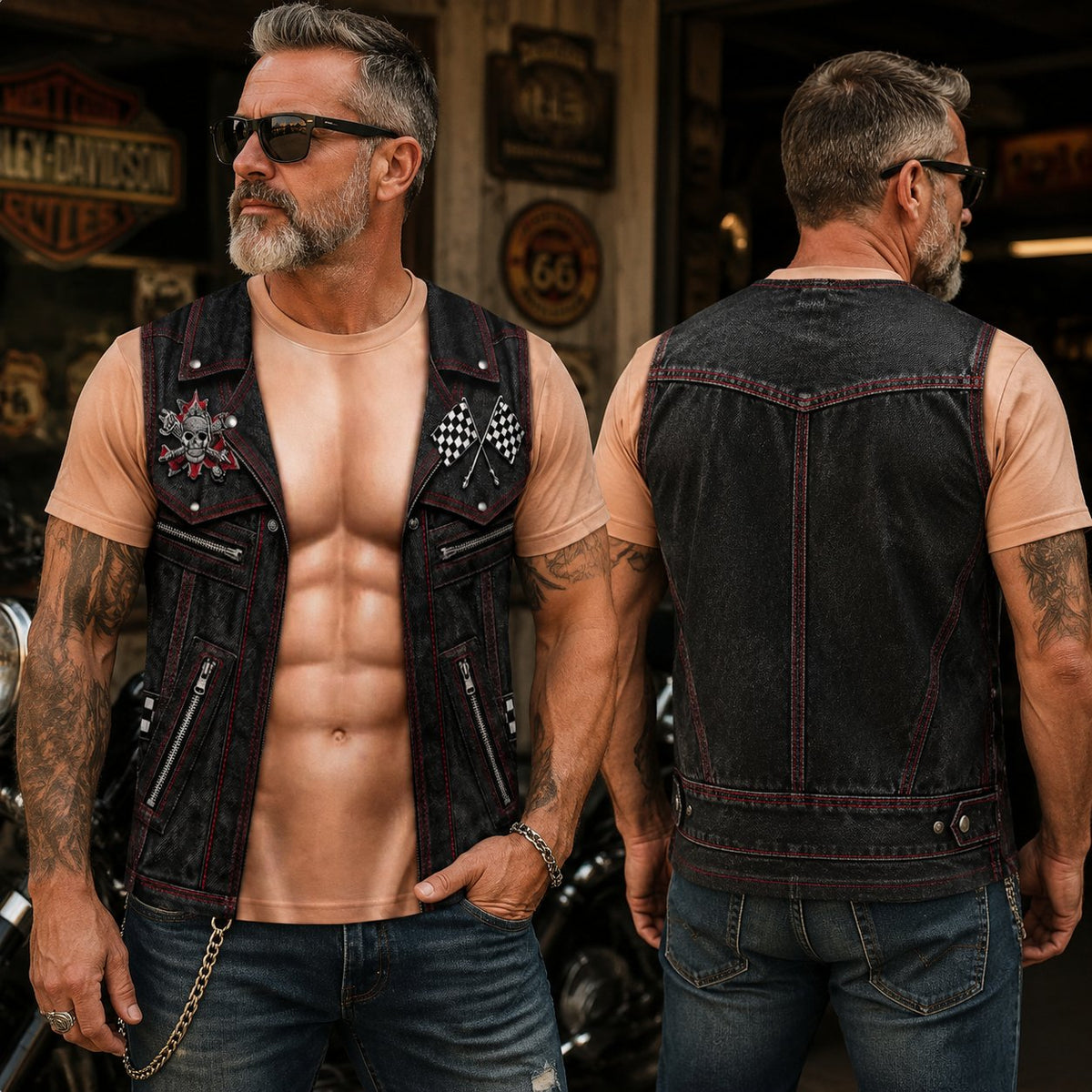 💪🔥 Personalized Six Pack ABS with Biker Vest Men Funny 3D T-Shirt – 😂🤘 Look Like a Biker, Feel Like a Legend!