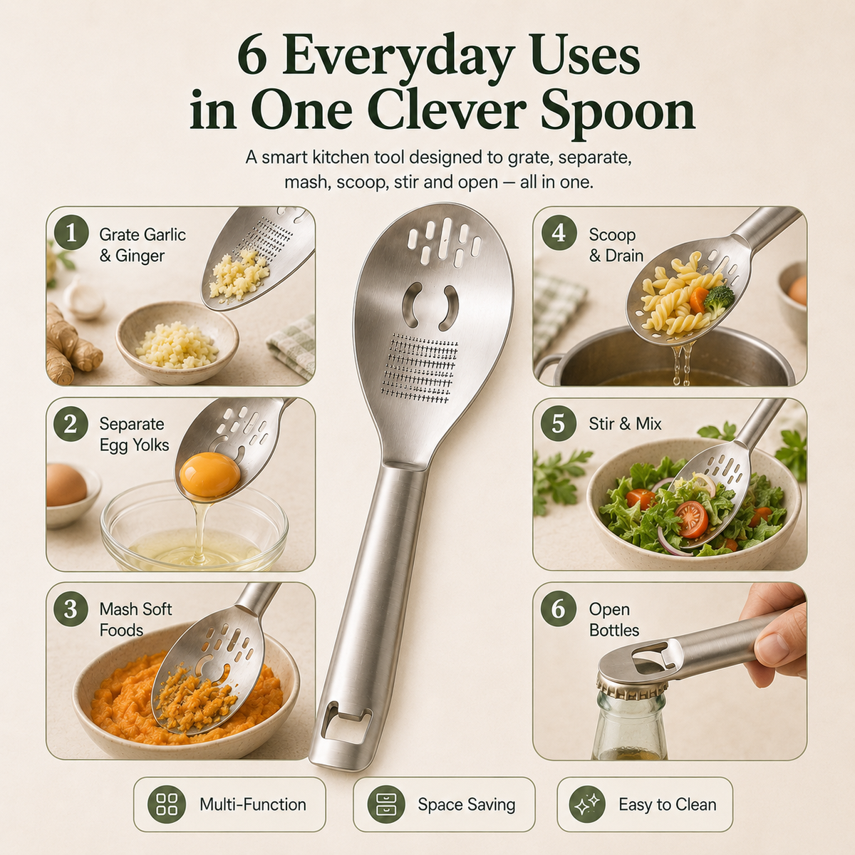 🥄 6-in-1 Kitchen Spoon – Prep With Less Clutter