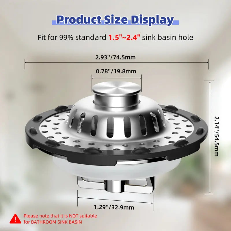 🛁🌟3-in-1 Pop-Up Sink Stopper – Hair Catcher, Drain Protector & Water Stopper | Universal Chrome Fit