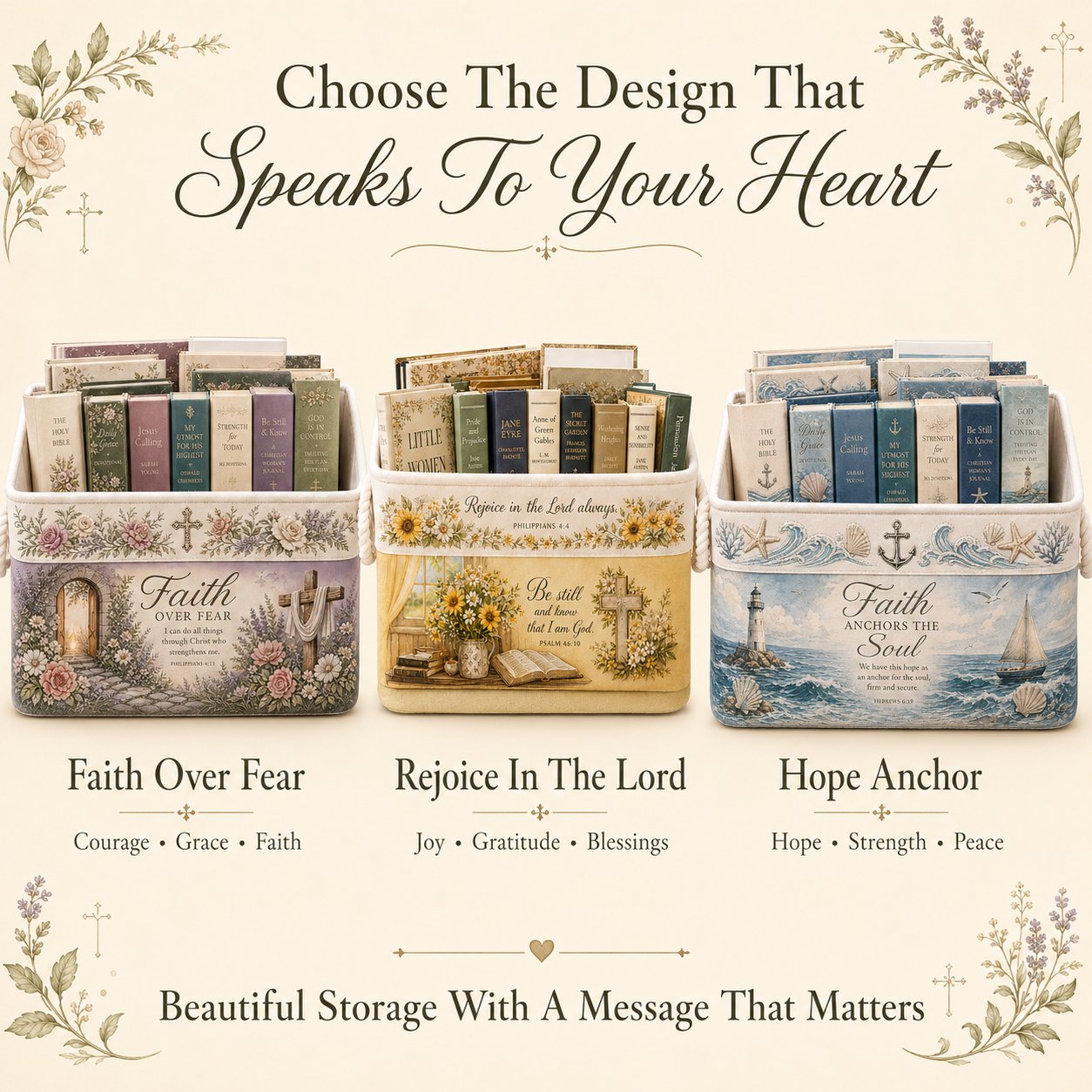✝️ Faith-Inspired Foldable Storage Basket – 3 Scripture Designs