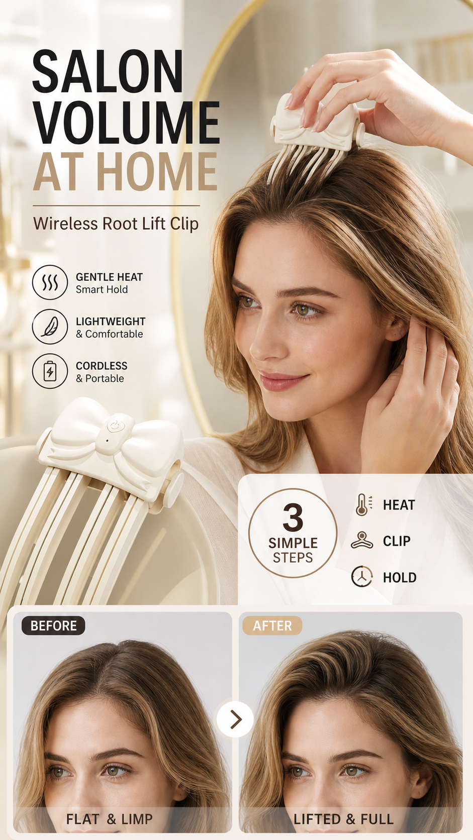 ✨ Wireless Heated Root Lift Clip – Quick Crown Volume at Home