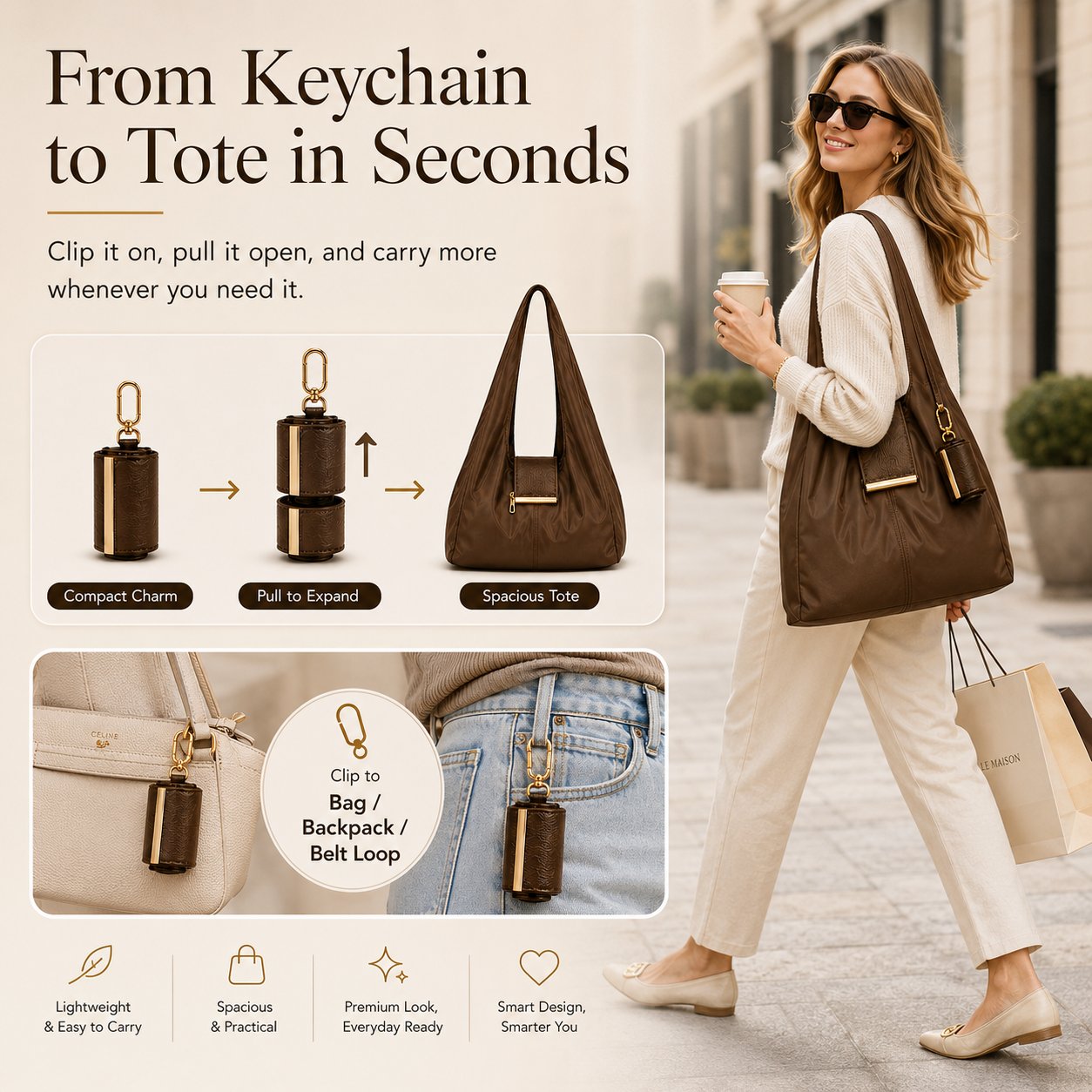 👜Orodira® Pocket-Sized Foldable Tote – Clips to Your Keys and Opens in Seconds