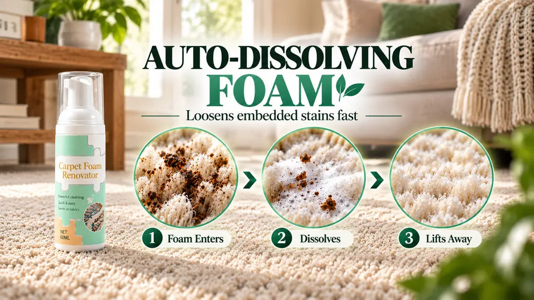 Auto-dissolving foam loosens embedded stains fast