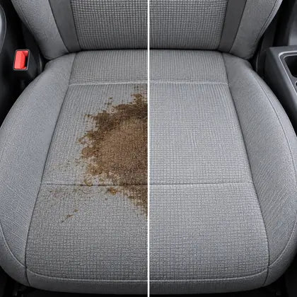 Before and after car seat stain cleaning with Dluvivo waterless foam