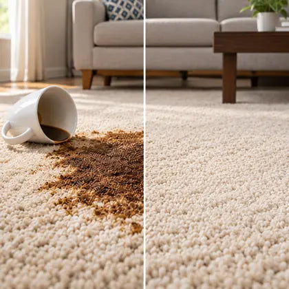Before and after carpet coffee stain cleaning with Dluvivo waterless foam