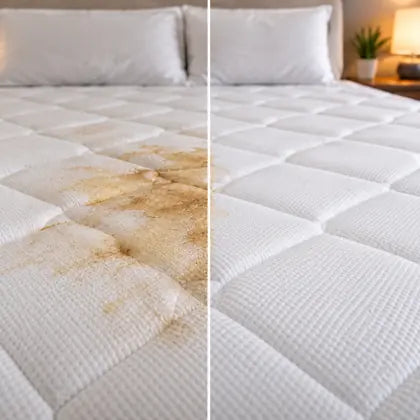 Before and after mattress stain cleaning with Dluvivo waterless foam
