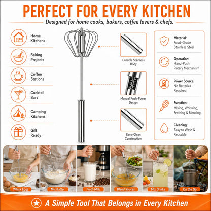 🥄✨LAST DAY 75% OFF ✨Orodira®Stainless Steel Hand-Push Rotary Whisk – Effortless Mixing in Seconds!