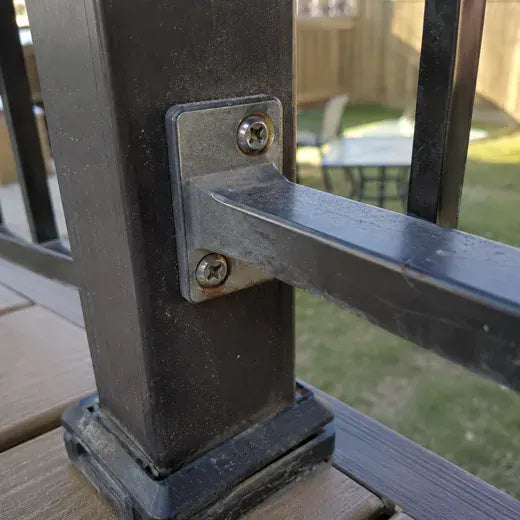 Metal bracket with rust stains around screws