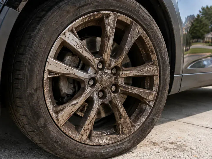 Before cleaning buildup on a wheel rim