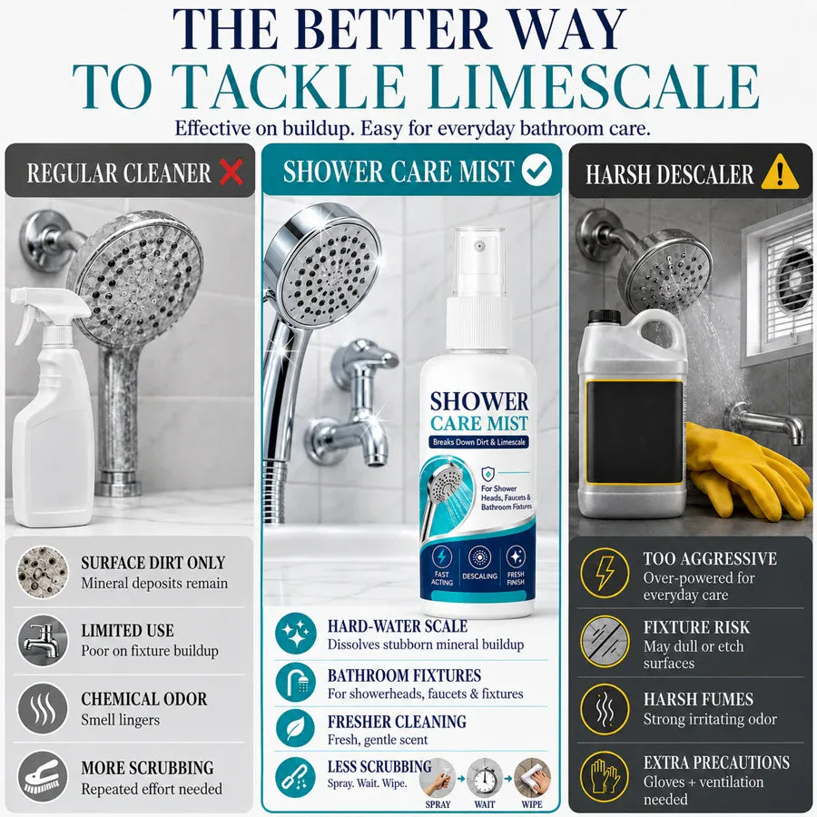 Shower Care Mist comparison with regular cleaner and harsh descaler