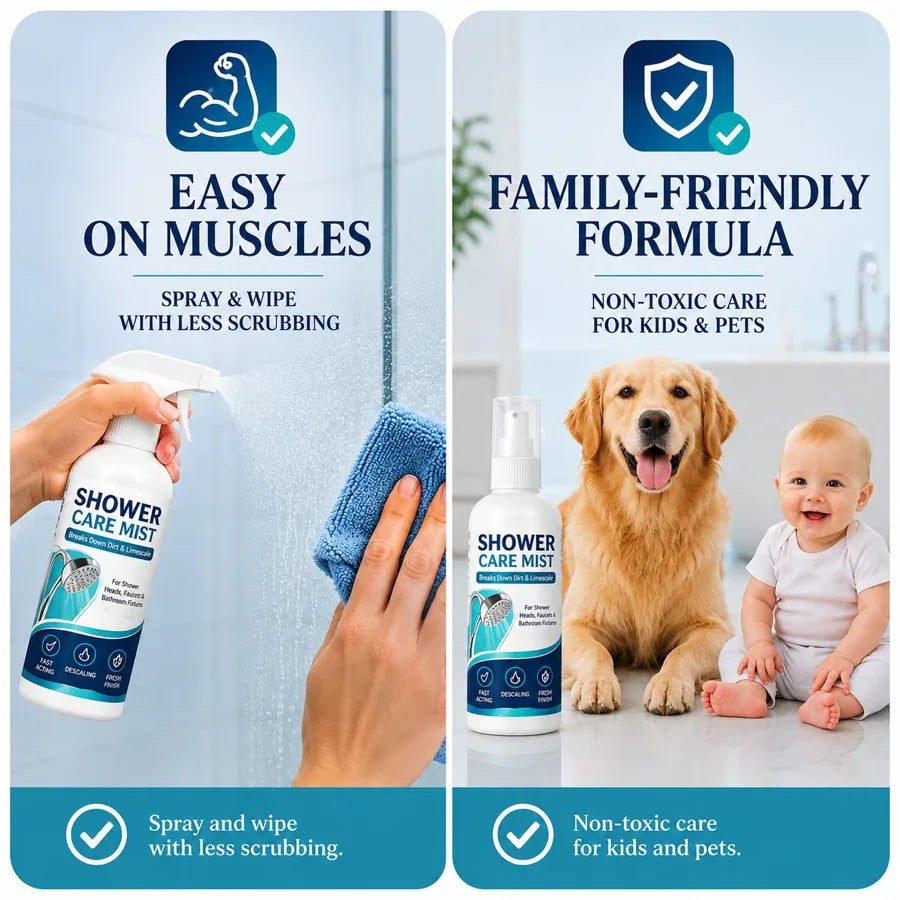 Shower Care Mist easy wipe cleaning and family-friendly formula