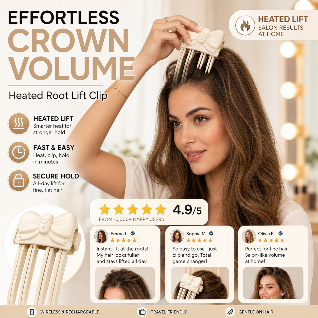 ✨ Wireless Heated Root Lift Clip – Quick Crown Volume at Home